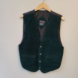 VTG 90s Tribes 100% Leather Snap Up Vest Men's Large Solid Dark Green Pockets